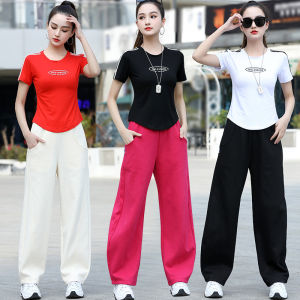Fashionable Fitness Sportswear Set for Women round Neck Short Sleeve Letter Print Cotton Square Dance Exercise Step Workout