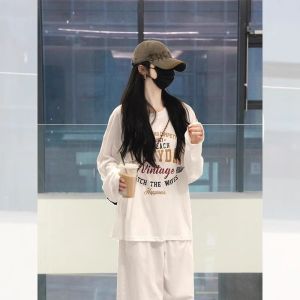 Áo Thun Dài Tay Màu Trắng Cổ Tròn Dáng Rộng Phong Cách Retro Mỹ Cho Nữ Mùa Hè Áo Khoác Ngoài Chống Nắng Tay Dài Dáng Rộng Thoải Mái