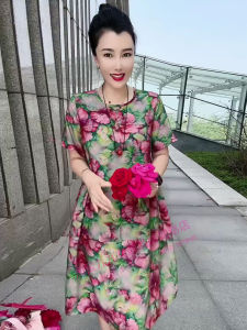 Casual Floral Print Dress Short Sleeve round Neck Slimming Anti-Aging Mommy Style Summer Dress for Women with Pockets A-Line Skirt