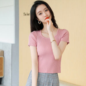 เสื้อยืดคอเหลี่ยมแขนสั้นผ้าไหมน้ำแข็ง ทรงสลิมฟิต ทรงสั้น แฟชั่นฤดูร้อน เสื้อผ้าทำงานสไตล์ยุโรปและอเมริกัน