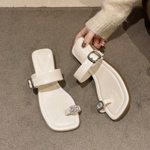 Fashionable French Style Toe-Post Sandals 2025 New Summer Outdoor Wear Thick Heel Water Diamond Small Audience Slippers