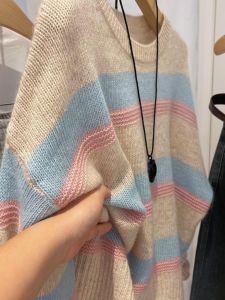 Soft Cozy Striped round Neck Pullover Sweater Women Loose Lazy Style Autumn Winter New Japanese Style Knitted Shirt Top