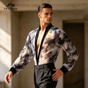 YJFY Dance | Deep V-neck Ink Print Mesh Men Latin Dance Leotard