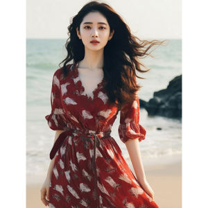 French Tea Break Elegance Long Red Floral Print Silk Chiffon Dress Summer 2024 Womens Fashion Slim Fit Style New Arrival