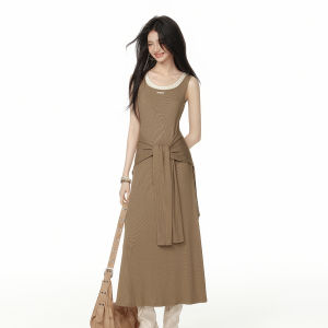 EPTISON Summer 2025 Long Fake Two-Piece Dress Womens Unique Design Vintage High-End Skirt Lazy Style Belted Waist Gown