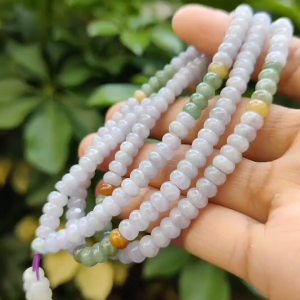 Crafted as 179 * 5.8 mm beads on Light Lavender Yellow Green and White Natural Type A Jadeite Jade as bracelet certificate weighs 42.43 grams (bracelet31)