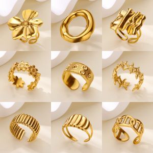 Gold Color Stainless Steel Delicate Flower Rings for Women Fashionable Elegant Versatile Wide Finger Ring Daily wear Jewelry