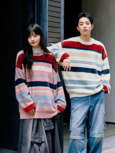 PSO Brand Mens And Womens Warm Knitted Sweater Retro Striped Fox Fur Simulation Cute Little Dog Collision Color Sweater