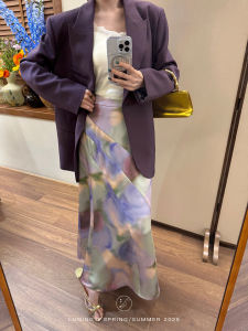 Retro Dyeing Print Silk A-Line Mini Skirt Womens Spring Luminous Polyester Fiber High Waist Commute Style Floral Skirt