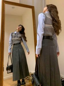 Stylish Niche Style Mid Length Long Length Pleated Skirt Womens Spring and Autumn Plus Size Plus Size Ladies High Waist Slim Looking A- Line Suit Skirt