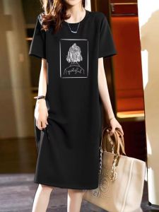 Summer Trend Pure Cotton Floral Print Dress Mid-Length Loose Casual T-Shirt Design Split Skirt Commute Short Sleeve round Neck