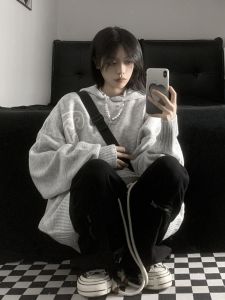 Loose Fit Hooded Grey Knitwear Casual Lazy Street Style Sweater Coat Korean Fashion Brand Han Laina Autumn New Arrival