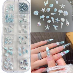 12Grids 3D Mixed Ocean Style Nail Charms Blue Resin Shell Starfish Conch Beach Themed Nails Decorations for Summer Manicure Part