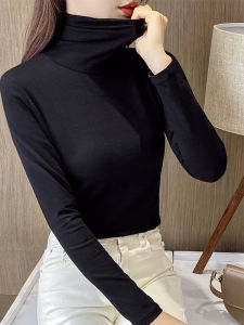 High Collar Fleece Lined Thick Long Sleeve Slim Fit Base Shirt Womens Autumn Winter Inner Wear Commute Style Korean Version