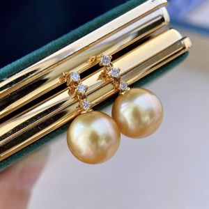 Montagne Jewelry 18k Pure Gold earring for women Diamond Inset Fine Jewelry Natural 11-11.5mm South Sea Golden Pearl Earrings Stud Earring