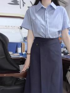 Summer Womens Career Outfit Sweet Striped Short Sleeve Shirt And A-Line Mini Skirt Two-Piece Set Korean Style Commute