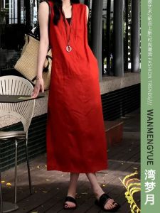 Elegant Red Sleeveless Vest Dress Womens Summer New Style Loose Slimming Long Trendy Casual H-Line V-Neck Polyester Dress