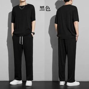 2027 Ice Silk Mens Sportswear Set - Thin Quick-Dry Short Sleeve Tee & Long Pants Plus Size Casual Homewear