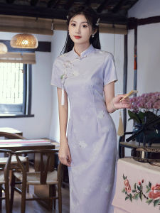 Young Girls Purple Improved Cheongsam Dress Artistic Long Style Short Sleeve Low Slit Daily Wear Polyester Fiber Summer 2025
