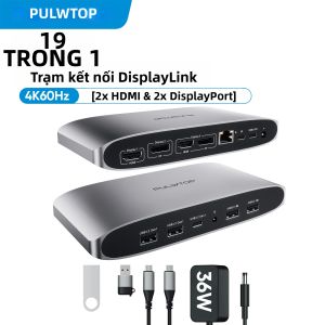 Cổng Kết Nối Đa Màn Hình PULWTOP DisplayLink Hỗ Trợ 3 Màn Hình 4K 60Hz 2 HDMI 2 DisplayPort PD USB A/C Ethernet Tương Thích Với Windows & macOS