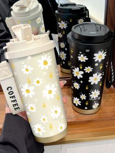 Daisy Insulated Stainless Steel Coffee Cup 316 Portable Dual Use Straw Girls Handheld Water Bottle Cute Cartoon Universal Outdoor
