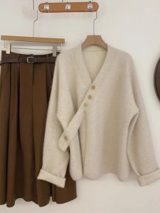 Elegant Soft Long Sleeve French Design Asymmetrical V-neck Knitted Cardigan