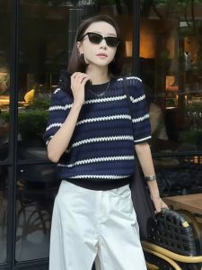 Summer 2025 Womens Thin Short Sleeve Knitted Shirt Stripe Design Korean Style Elegance Lazy Fashion Top round Neck Regular Length