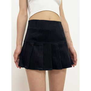 Váy Xếp Ly Cotton Cạp Cao SWAGAL Cho Nữ Mùa Hè Phong Cách Mỹ Màu Đen Mini Ngắn Thường Ngày Có Khóa Kéo