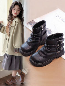 Autumn Winter Childrens Boots Soft Leather Cotton Lined Mid-Calf Girls Shoes Fashionable Short Booties Slip-On Waterproof