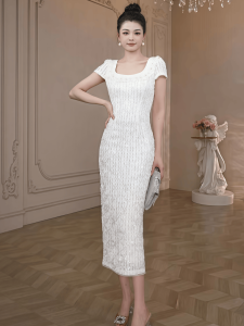 Hebe Style Elegant White Slimming Gown High Waist A-Line Skirt Dress for Parties And Everyday Wear Polyester Blend Short Sleeve