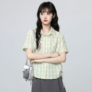 ZISUO | Áo Sơ Mi Cổ Lọ Dây Rút Xanh Carô Tay Ngắn