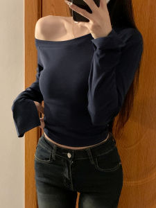 เสื้อยืดแขนยาวทรงสลิมฟิตสำหรับผู้หญิง ฤดูใบไม้ร่วง 2025 ดีไซน์ไหล่ แขนกุด ทรงเข้ารูป เสื้อชั้นใน สไตล์เกาหลี