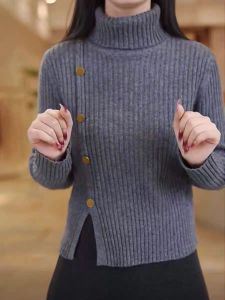 เสื้อสเวตเตอร์ถักผ้าขนสัตว์หนาสำหรับฤดูใบไม้ร่วงและฤดูหนาว เสื้อคอตั้งหลวมๆ สำหรับผู้หญิง เสื้อชั้นในถักผ้าขนสัตว์เนื้อเนียนเนื้อเนียน