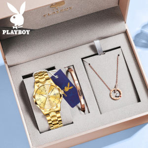 PLAYBOY ใหม่ 100% นาฬิกาผู้หญิงสบาย ๆ กันน้ำของแท้ นาฬิกาทองคำ สแตนเลส เรืองแสง นาฬิกาควอตซ์ กล่องนาฬิกาที่สวยงาม