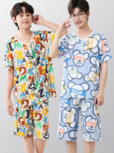 Pajamas Youth Male Junior High School Student Cotton Silk Men Children and Teens Short Sleeve Suit Summer Loungewear Loose Thin