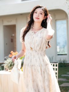 Lagogo 2025 New Romantic Floral High Waist Comfortable Vacation Dress Womens OALL303GA2 Polyester Fiber A-Line Skirt V-Neck Short Sleeve