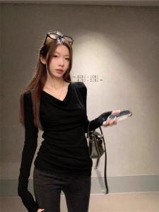 เสื้อยืดแขนยาวทรงเข้ารูปสำหรับผู้หญิง สีดำ ทรงเข้ารูป ทรงเข้ารูป คอกลม ทรงเข้ารูป เสื้อผ้าทำงานสไตล์เกาหลี ฤดูใบไม้ร่วง 2025