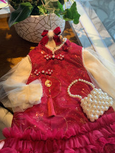 Princess Style Childrens Cheongsam Vest Dress New Year Visiting Clothes Cotton Fleece Lined Girls Traditional Chinese Costume