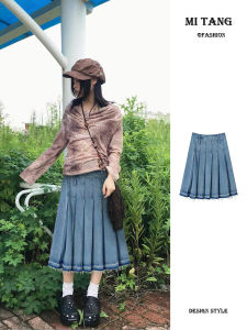 Váy Ngắn Xếp Ly Denim Cạp Cao Cho Nữ Mùa Hè 2024 Váy Midi Chữ a Màu Trơn Đa Năng Cho Nữ