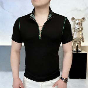 Áo Polo Nam Cổ Tròn Thêu Đậm Lụa Bóng Tay Ngắn