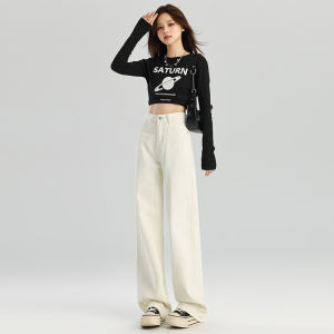 กางเกงยีนส์ทรงตรงสำหรับผู้หญิง สวมใส่สบาย เป็นมิตรกับผิวหนัง ทันสมัย น้ำหนักเบา ดีไซน์มีศิลปะ เอวสูง ขากว้าง เรียบง่าย สีพื้น