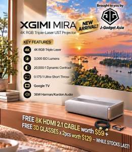 [Top1 Seller for Projectors] XGIMI MIRA 4K (ISO 2000) / MIRA PRO 4K (ISO 3000) RGB Triple-Laser UST Projector (2 Years Warranty) - NEW ARRIVAL! FREE 3D Glasses x 2pcs worth $120