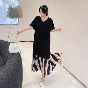 Fancy Black Long Patchwork Dress 150.00kg Summer plus Size Womens Clothes Plus Size Ladies Slimming V-Neckline T-shirt Skirt