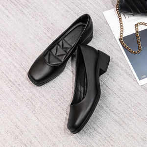 รองเท้าส้นสูงหนังวัวสองชั้นพื้นนุ่มสีดำสำหรับผู้หญิง รองเท้าทำงานแบบสวม ส้นสูงปานกลาง รองเท้าหนังแบบสวม ส้นแบน พื้นยาง