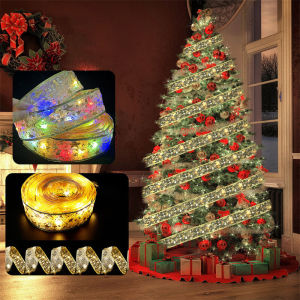 LED Ribbon Lights Christmas Tree Decorate Fairy String Lights DIY Lace Bow Streamer Home New Year Christmas Decoration Lamp