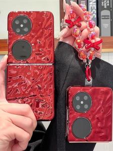 Creative Red Electroplated Foldable Screen Phone Case for Huawei Pocket2 New Year Style Full Cover Anti-Fall with Wristband Hard Shell for Women