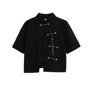 เสื้อเชิ้ตแขนสั้นกระดุมจีนวินเทจสไตล์จีนแบบใหม่สำหรับผู้หญิงเสื้อคอตั้งแบบสั้นแขนพองออกแบบพิเศษนิชแบรนด์สำหรับฤดูร้อน