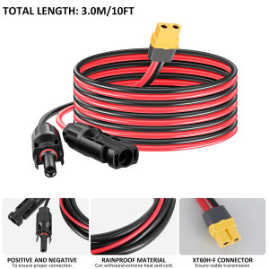Solar Connector to XT60 Adapter Charging Cable  IP67 Waterproof 12AWG 10FT Solar Panel Extension Cable Accessories Power Station