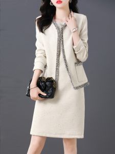 Luxurious Tweed Two-Piece Set Dress Womens Autumn Winter New Style Slimming High Waist A-Line Skirt Long Sleeve round Neck