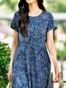 Summer 2025 Fashion Slim Fit Cotton Silk Dress Womens High Waist Long Skirt Vacation Travel Retro Style Short Sleeve A-Line Dress